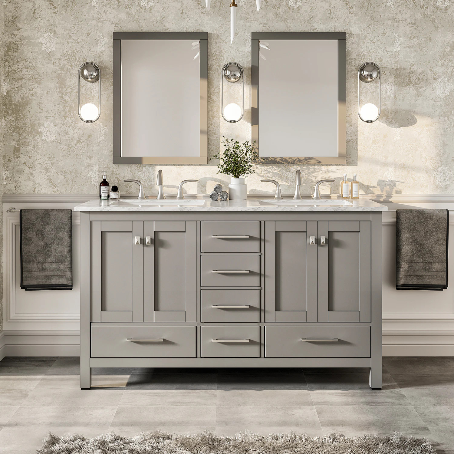 Eviva Aberdeen 72-in Gray Undermount Double Sink Bathroom Vanity with White Marble Top | EVVN412-72GR | Lowe's