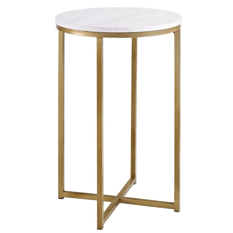 16 Modern Round White Faux-Marble End Table with Gold Base | Cymax Stores