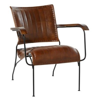 Vintage Cow Hide Leather and Iron Accent Chair Brown - Olivia & May | Target
