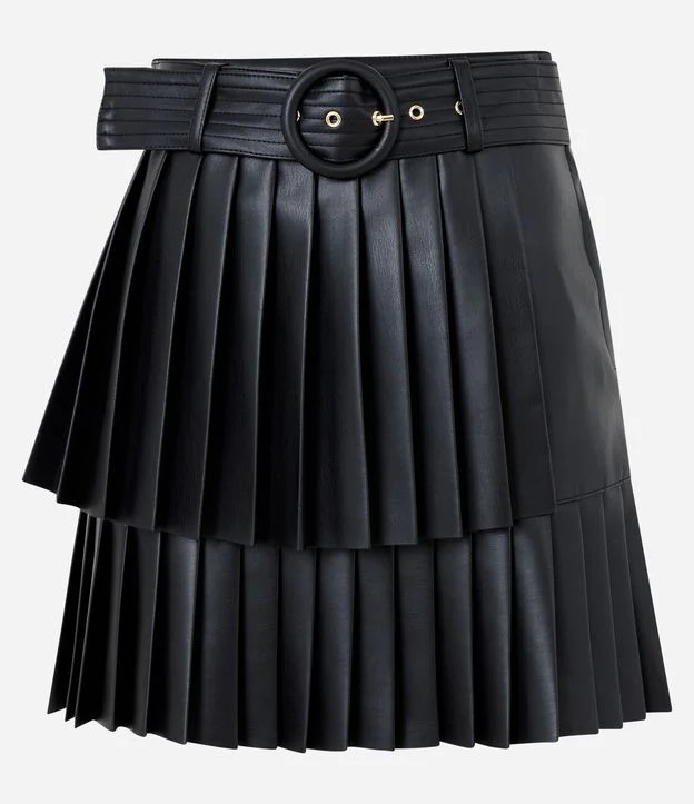 Saia Evasê Plissada em PU com Camadas e Cinto Preto | Renner (BR)