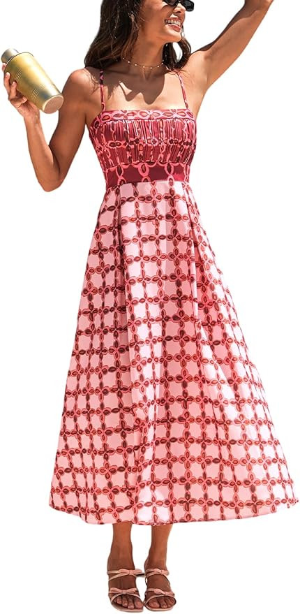 CUPSHE Women's Summer Boho Floral Maxi Dress Spaghetti Strap Smocked Pleated Cami Sundress Beach ... | Amazon (US)