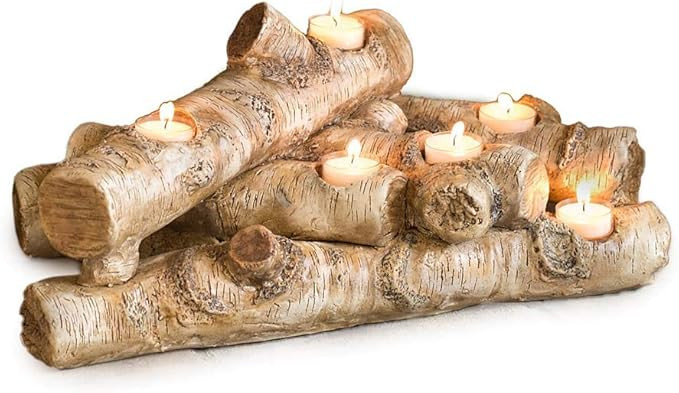 Plow & Hearth Faux Wood Resin Logs Tea Lights Candle Holder, Birch | Amazon (US)