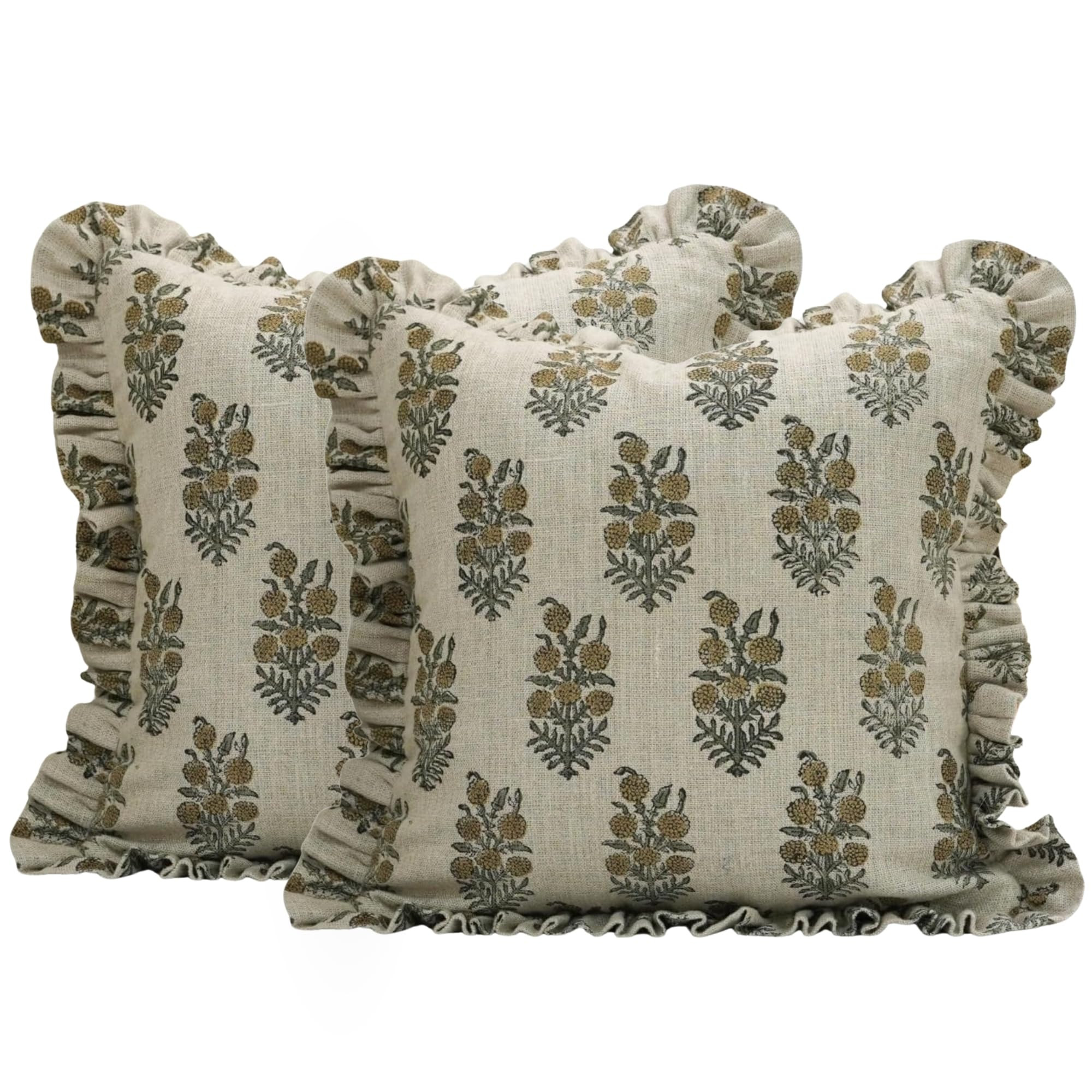 Pack of 2 Thick Linen 14x14 Inch Handcrafted Decorative Both Side Block Printed Soft Ruffle Throw... | Amazon (US)