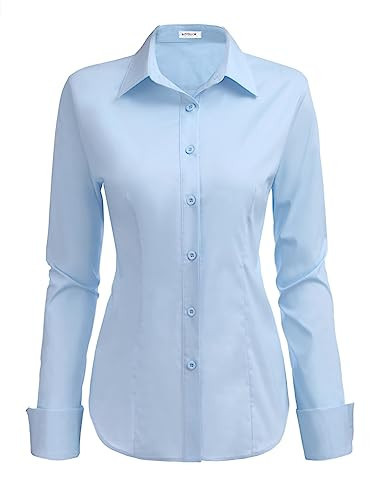 HOTOUCH Womens Basic Slim Fit Casual Button Down Dress Shirt Blue Button Down Shirt Women Small (Stretch Fabric | Amazon (US)