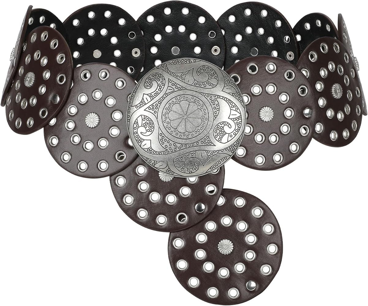 LEACOOLKEY Women Western Leather Belt Boho Dics Conch Waist Belt for Dress Jeans | Amazon (US)