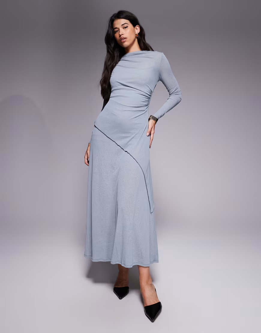 ASOS DESIGN long sleeve drape detail maxi dress in gray | ASOS (Global)