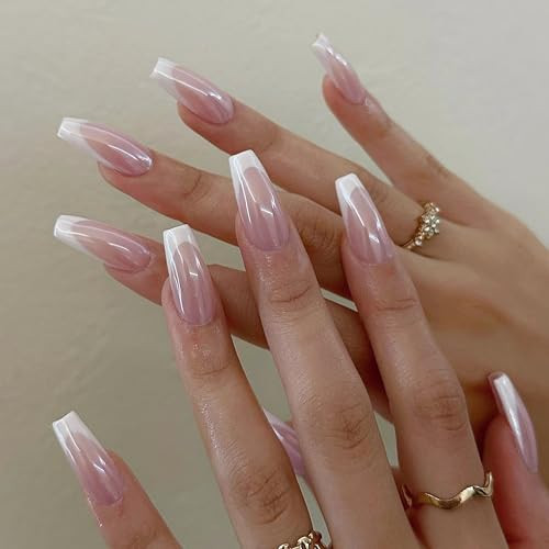 Qsnidy Pearlescent Press on Nails Medium, Glazed White French Fake Nails Coffin Chrome Acrylic Press Ons for Women, Natural Fit Full Cover Glue on Nails in 12 Sizes - 24 Pieces Nail Kit | Amazon (US)
