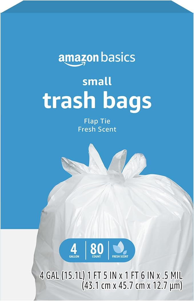 Amazon Basics 4 Gallon Trash Bags, Flap Ties, Fresh Scent, 80 Count, Pack of 1 | Amazon (US)