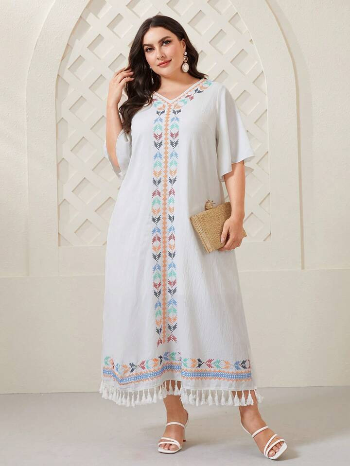 SHEIN Najma Plus Geo Print Tassel Hem Dress | SHEIN