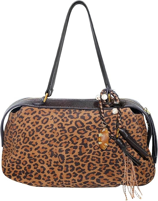 Luxury Leopard Print Genuine Suede Handbag, Brown Leather Trim, Shoulder Strap, Tassel Detail, Fa... | Amazon (US)
