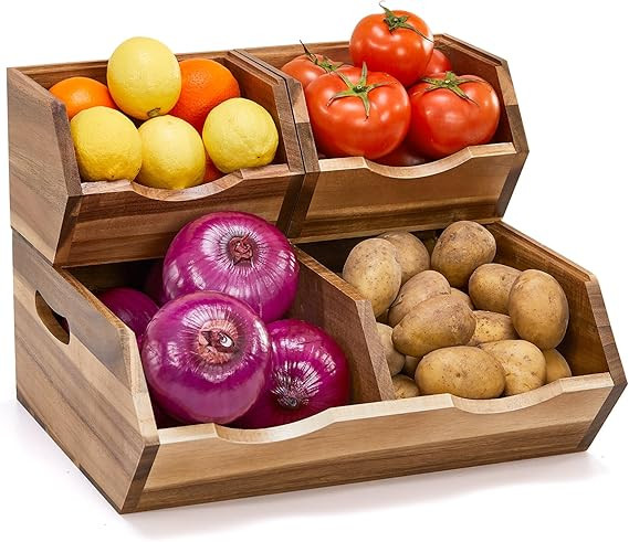 ICOHOT Acacia Wood Pantry Storage Bins, Stackable Storage Baskets Potato and Onion Storage Bins, ... | Amazon (US)