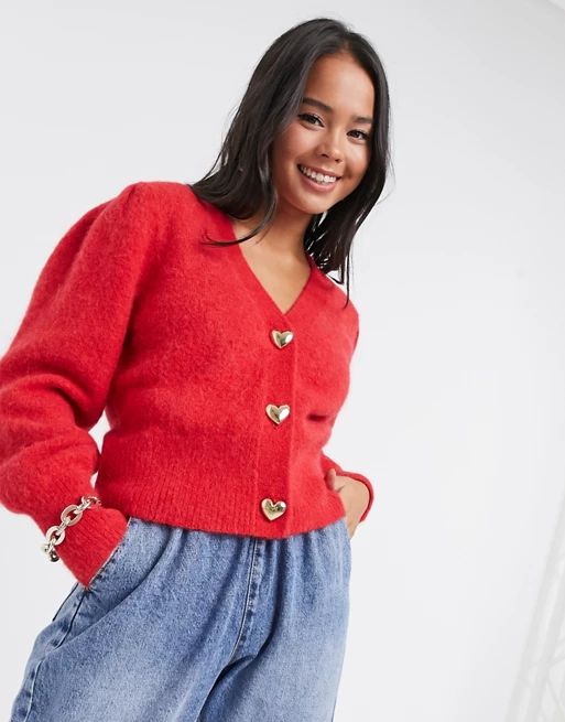 & Other Stories gold heart button puff-sleeve cardigan in red | ASOS (Global)