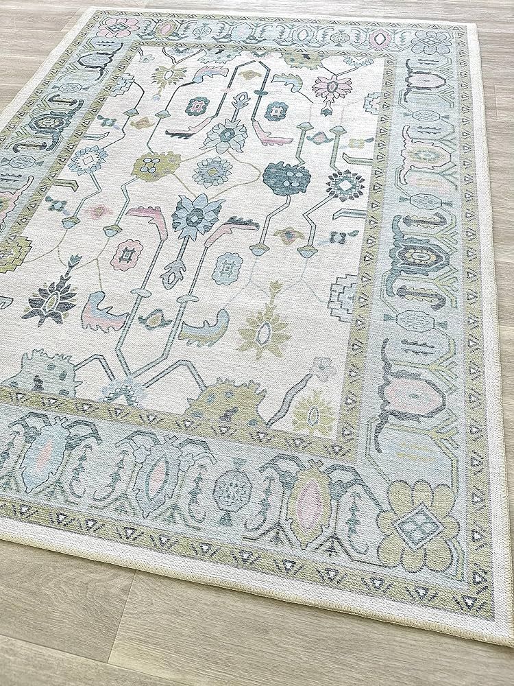 Faded Oushak Rug, Turkish Vintage Floral Pastel Large Oversized Area Rugs for Living Room Dining Bedroom Kitchen Bathroom Nursery (854CGrn, 5'9" x 8'9") | Amazon (US)