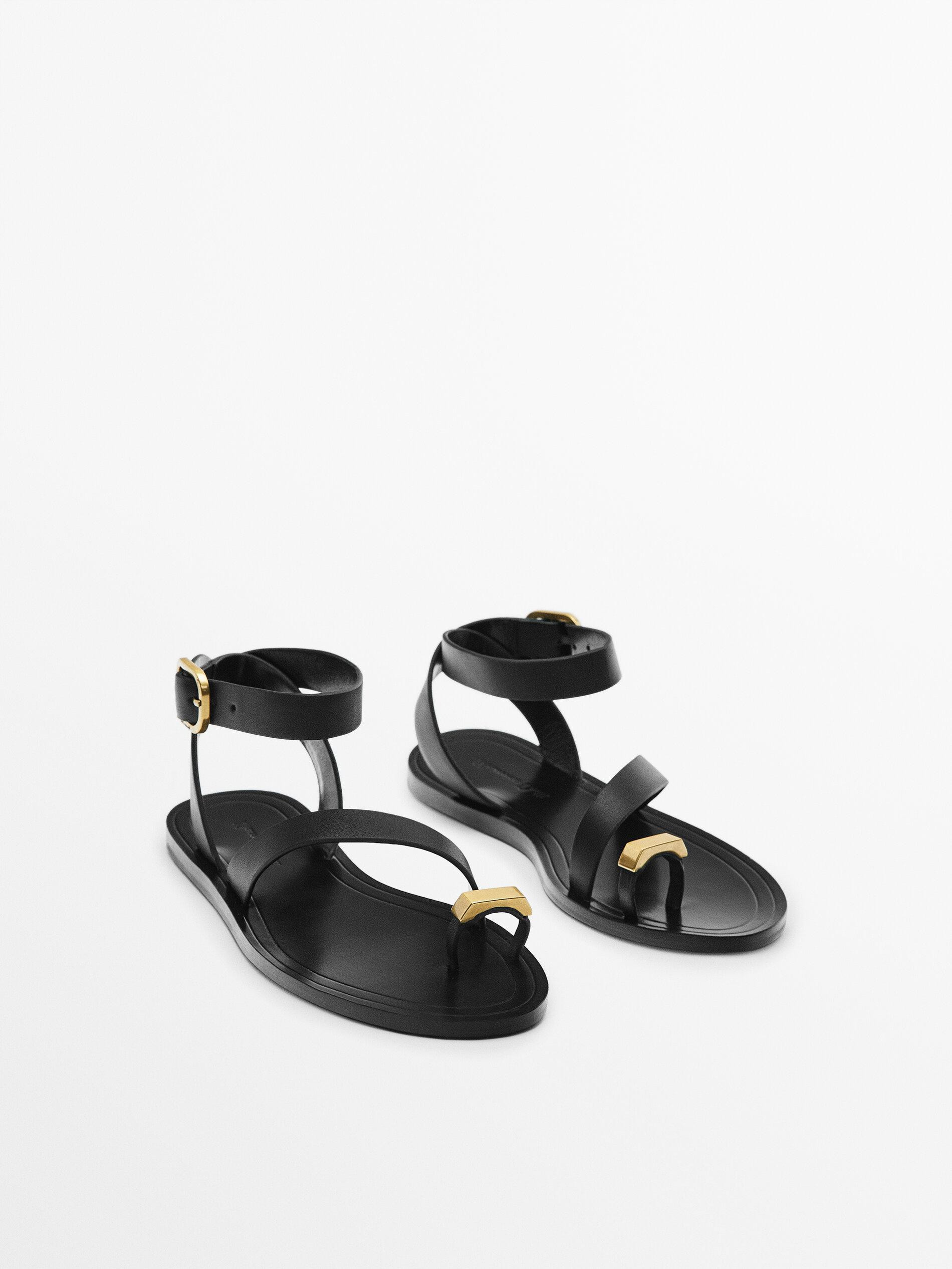 Leather flat slider sandals with metallic piece | Massimo Dutti US