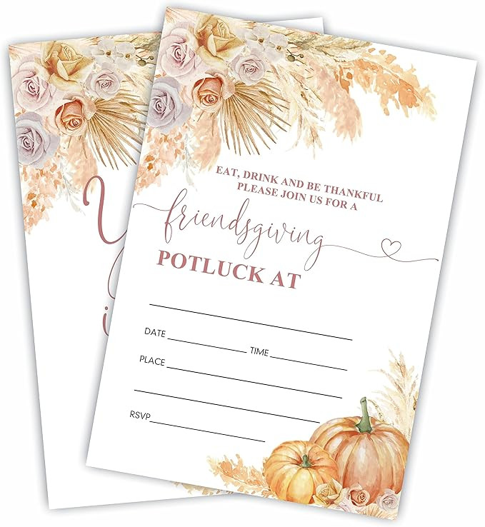 JCVUK Boho Friendsgiving Invitation Cards, Watercolor Pumpkin Potluck Party, 20 Invites With Enve... | Amazon (US)