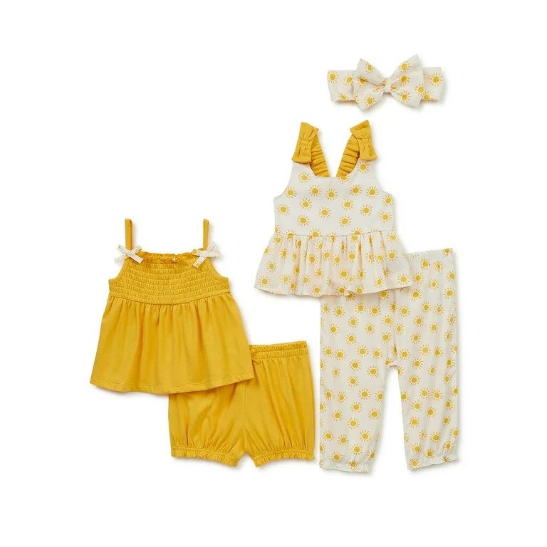 Wonder Nation Baby Girls' Tank Top, Tunic Top, Shorts, Pants and Headband Outfit Set, 5-Piece - W... | Walmart (US)