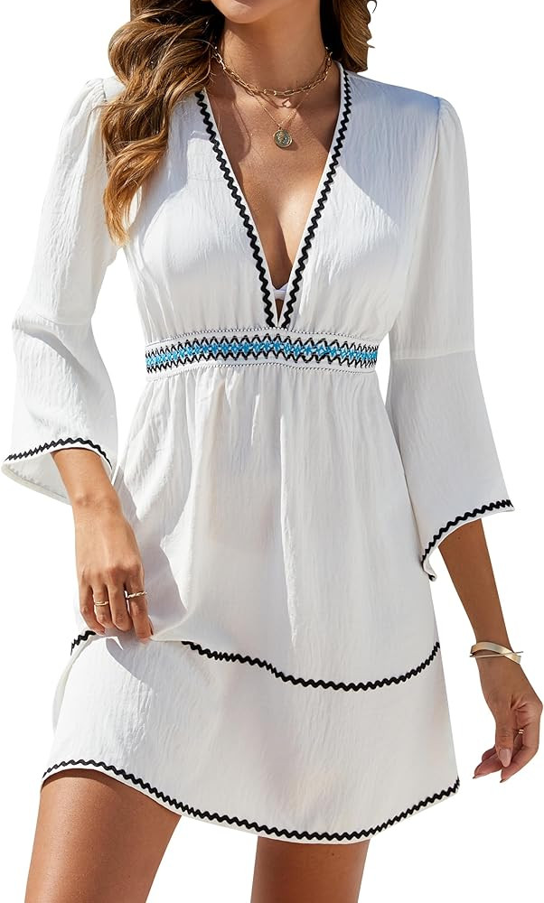 Blooming Jelly Womens Swimsuit Coverup V Neck Chiffon Bathing Suit Cover Up Beach Dress Swim Biki... | Amazon (US)