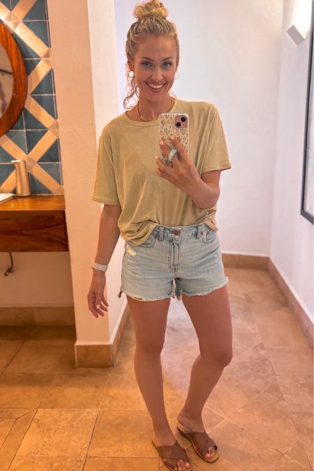 Relaxed vacation / travel / beach look for moms. The perfect disturbed summer jean short. Size 27. Lightweight basic tee in “trench coat khaki” size small. 

#LTKTravel #LTKFamily #LTKxMadewell