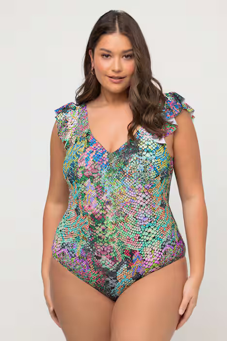 Colorful Snake Print One Piece Ruffle Swimsuit | Swimsuits | Swimwear | Ulla Popken - US & CA