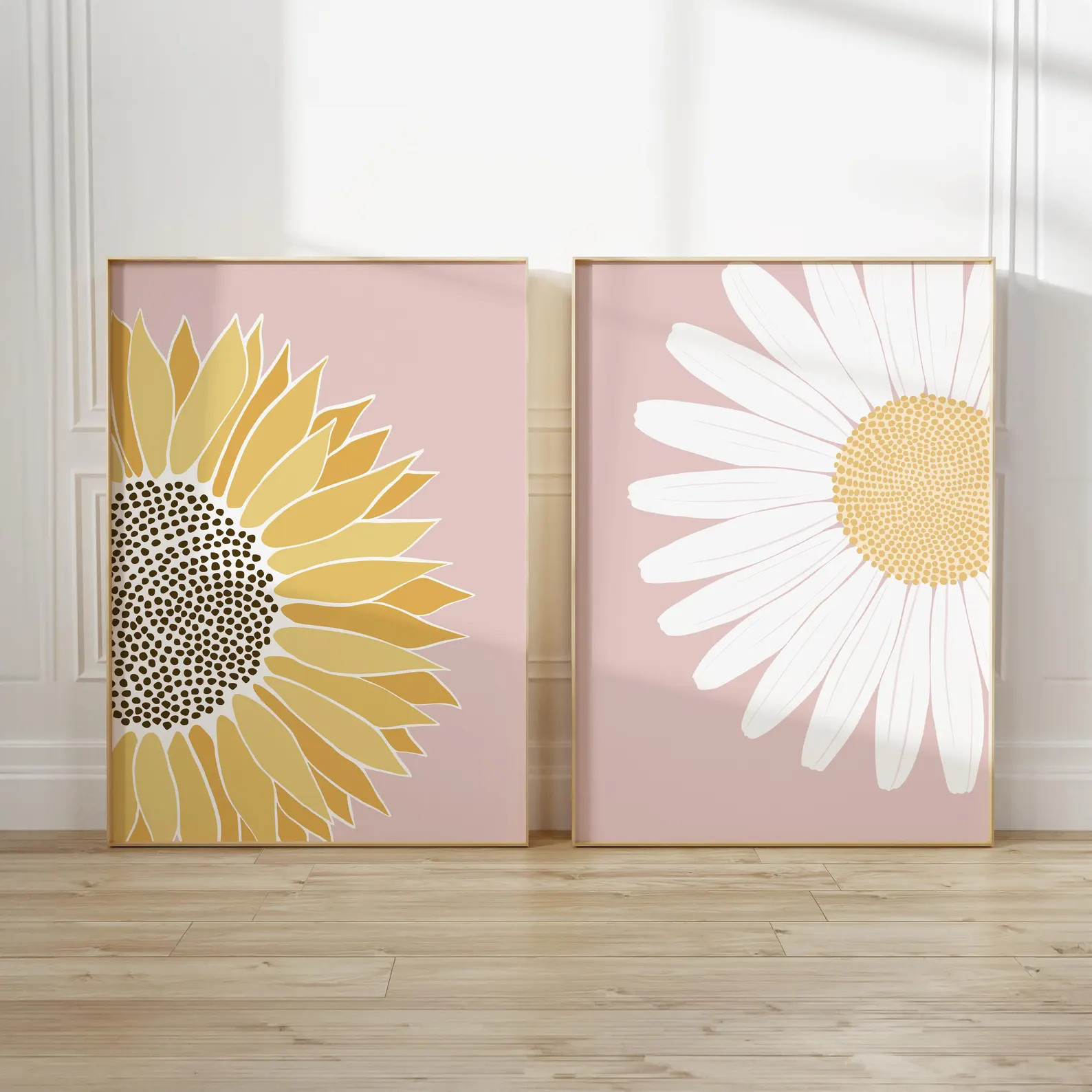 Pink Sunflower and Daisy Wall Art Set - Yellow Floral Prints - Minimalist Botanical Decor for Bed... | Etsy (US)