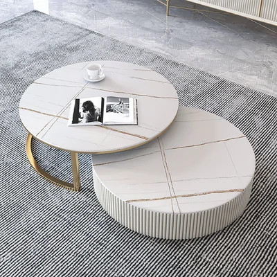 Round Modern Stone Top Nesting Coffee Table Fluted with Drawer in White & Gold-Homary | Homary