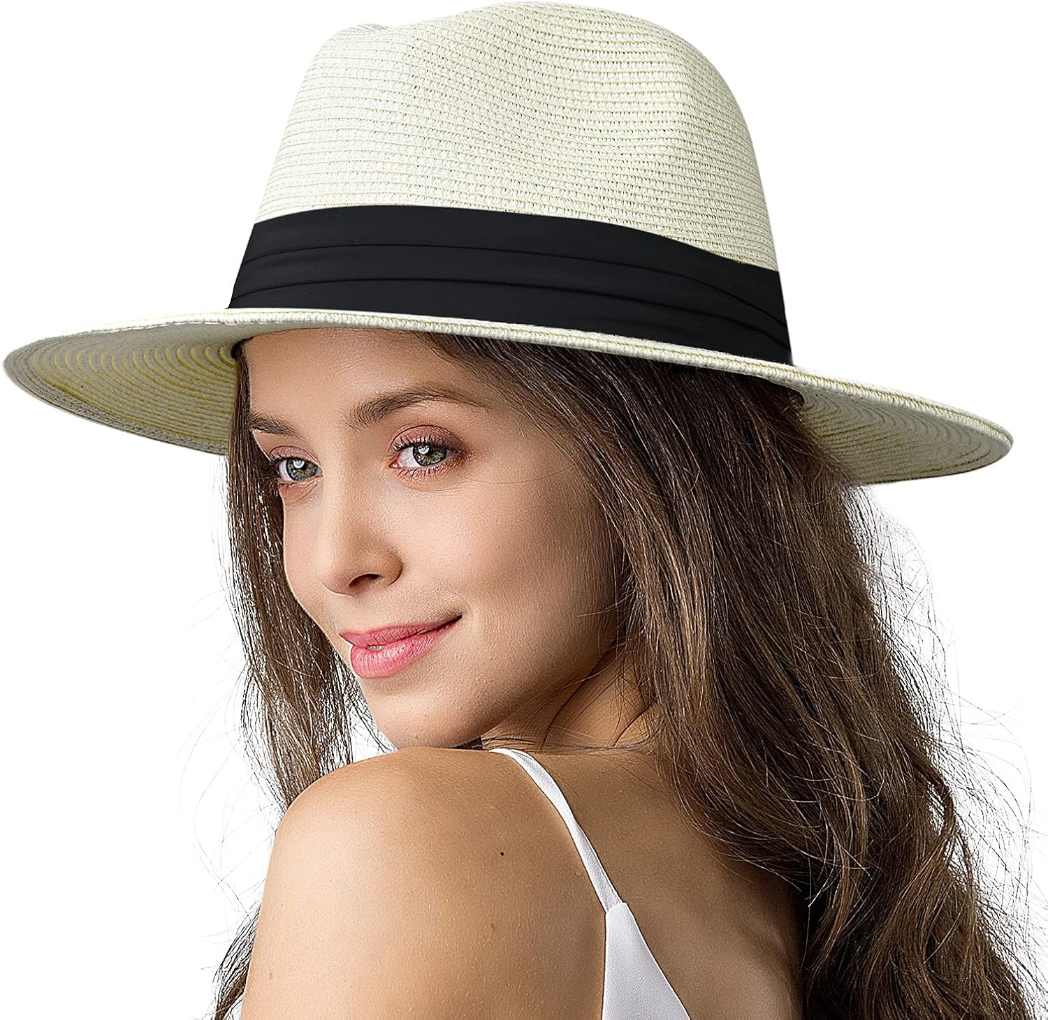 Womens Mens Wide Brim Straw Panama Hat Fedora Summer Beach Sun Hat UPF Straw Hat for Women | Amazon (US)