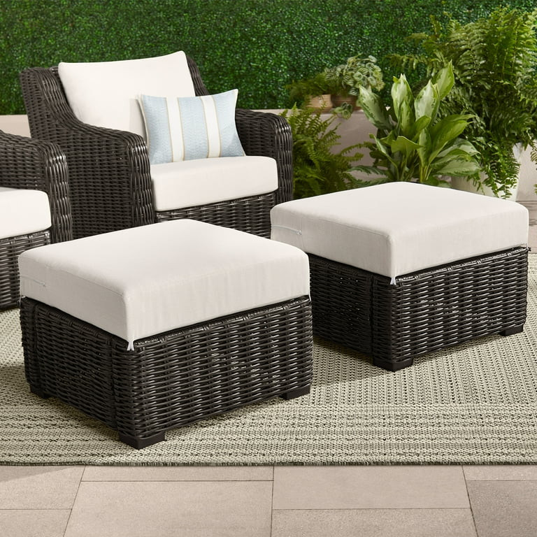Better Homes & Gardens Bellamy Outdoor 2pk Ottomans, Dark Brown Wicker/Cream Cushion | Walmart (US)