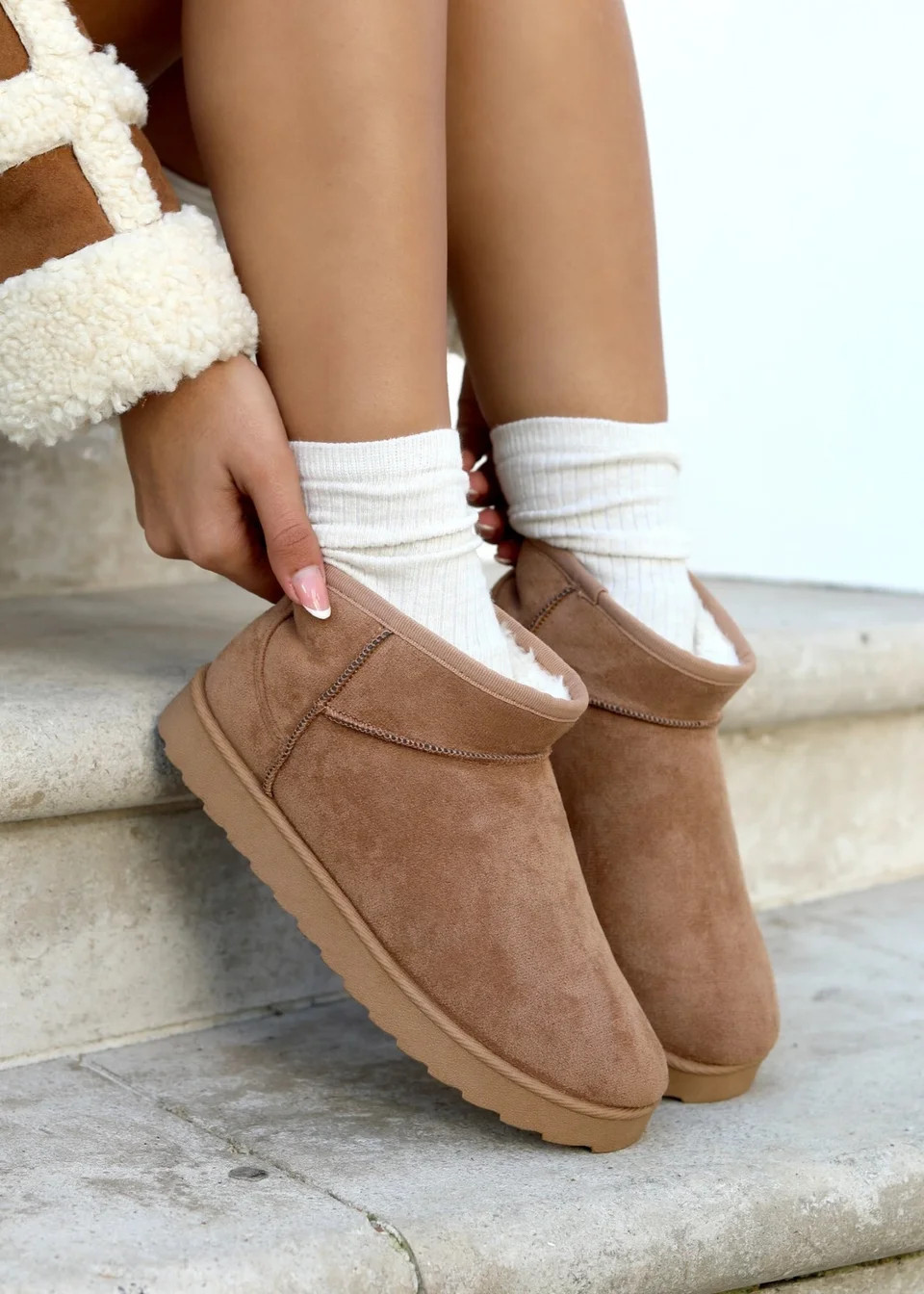 Linzi Ultra Mini Addy Chestnut Faux Suede Faux Fur Lined | Matalan (UK)