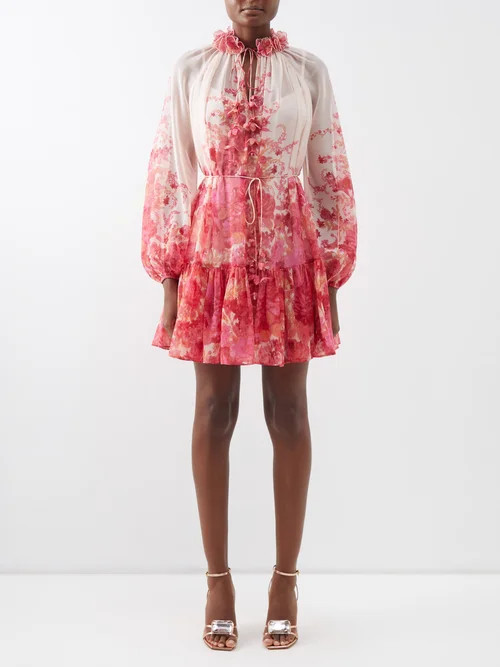 Zimmermann - High Tide Lantern Printed Cotton-blend Mini Dress - Womens - Pink Print | Matches (US)