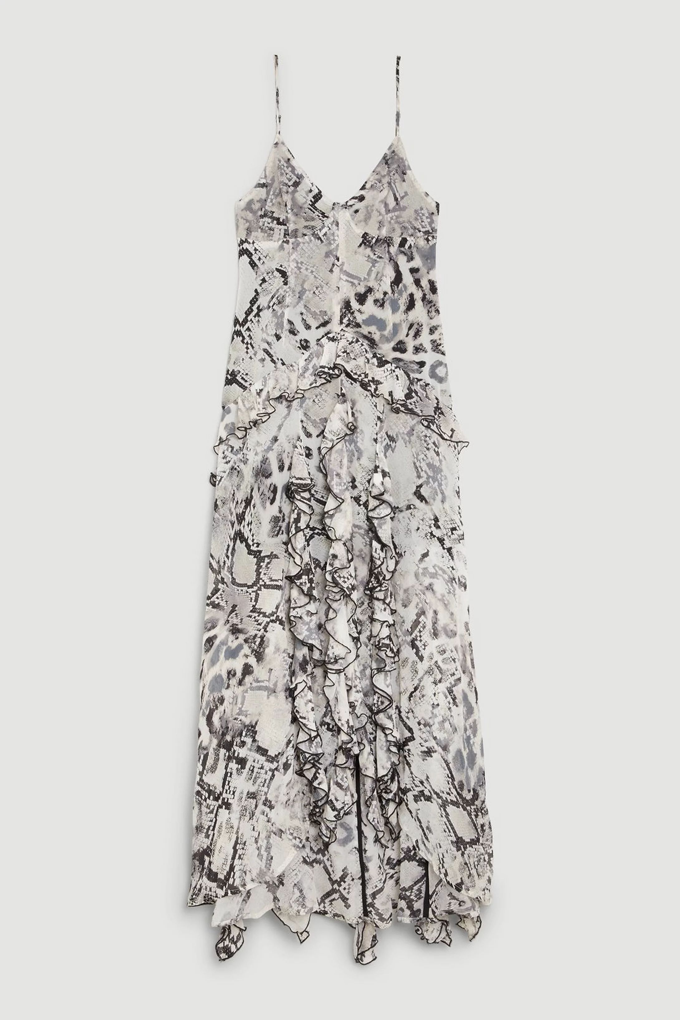 Snake Viscose Strappy Ruffle Drama Woven Maxi Dress | Karen Millen UK + IE + DE + NL