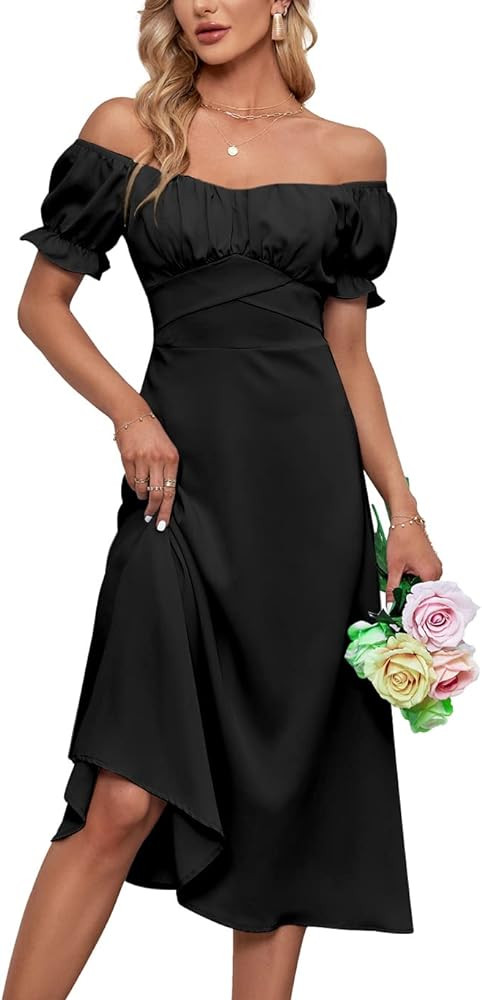 LYANER Women's Off Shoulder Wrap Ruffle Puff Short Sleeve Ruched Tie Back Dress | Amazon (US)