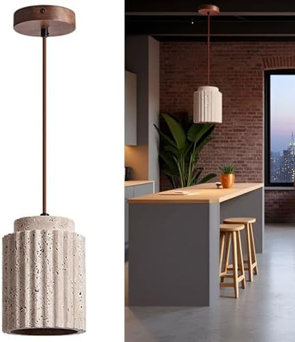 4.5 in Cylindrical Hand Polished 4 lb. Natural Stone Pendant Light, Solid Wood Ceiling Base, 70 i... | Amazon (US)