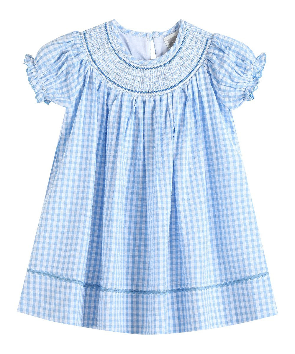Lil Cactus Girls' Casual Dresses - Light Blue Gingham Smocked Bishop Dress - Infant, Toddler & Girls | Zulily