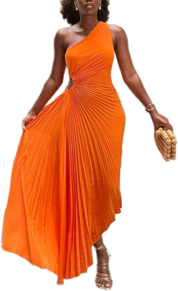 SHINFY Women One Shoulder Sleeveless Casual Summer Dresses Boho Pleated Swing Maxi Long Dress | Amazon (US)
