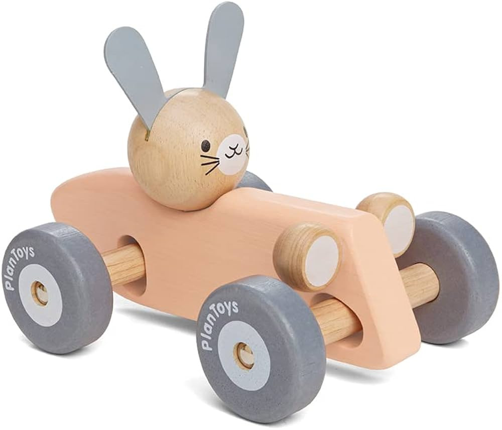 PlanToys Wooden Bunny Rabbit Racing Car with Vintage Car Theme (5717) | Pastel Color Collection |... | Amazon (US)