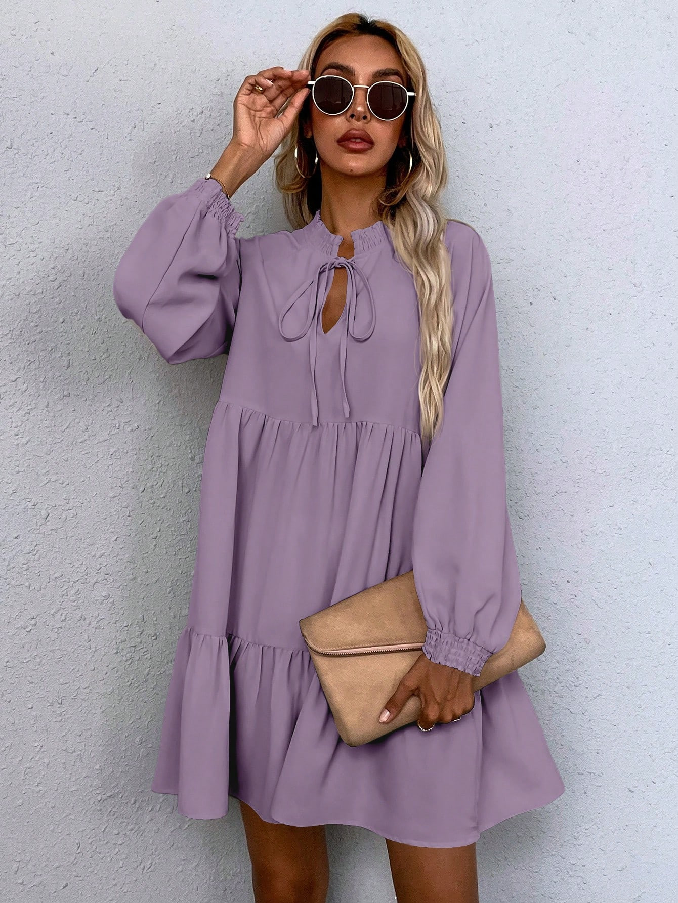 SHEIN LUNE Casual Solid Color Long Sleeve Dress, Spring & Summer | SHEIN