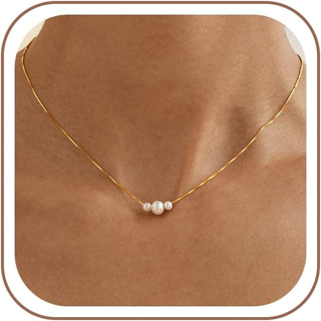 Gold Pearl Necklaces for Women Trendy, 14K Gold Plated Dainty Necklace Simple Layered Pearl Neckl... | Amazon (US)