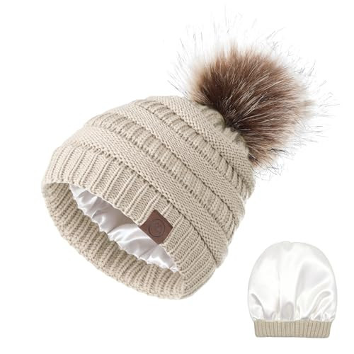 American Trends Beanies Women Winter Hats for Women Satin Lined Slouchy Beanie with Pom Pom Winter Warm Cable Knit Snow Ski Hat Beige | Amazon (US)