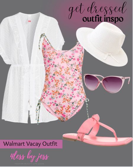 Walmart vacation outfit idea! I love the feminine vibe if this swimsuit with the pink and white accessories! 

#walmartfashion #vacationoutfit 

What to wear on vacation, beach outfit, resort wear, vacation fashion, summer fashion, summer outfit, spring outfit 

#LTKSeasonal #LTKstyletip #LTKunder50