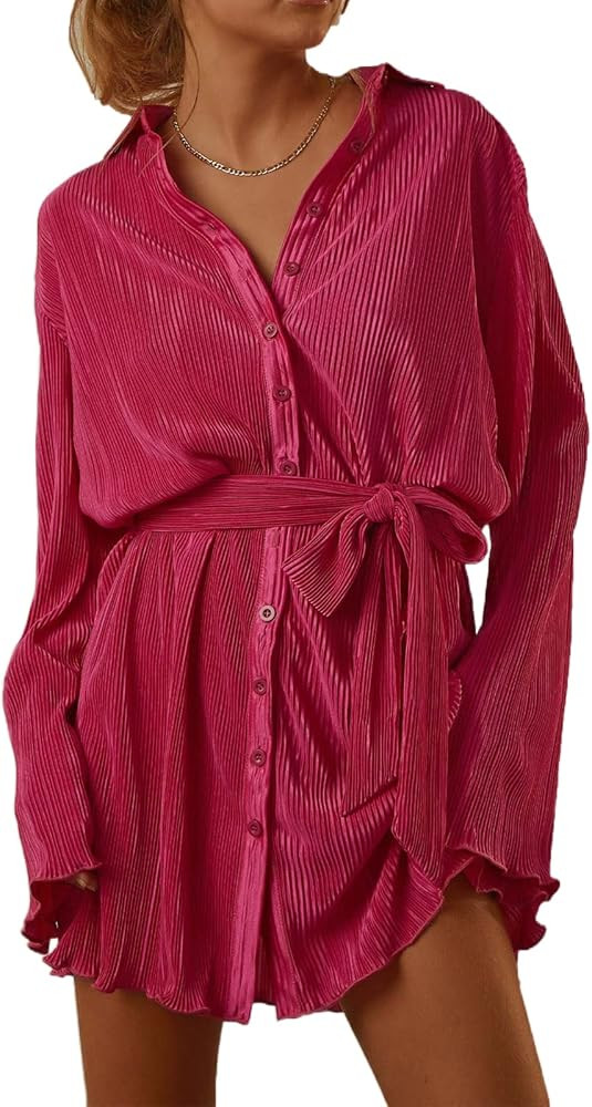 NUFIWI Women Pleated Long Sleeve Mini Shirt Dress Floral Printed Button Short Blouse Dress Summer... | Amazon (US)