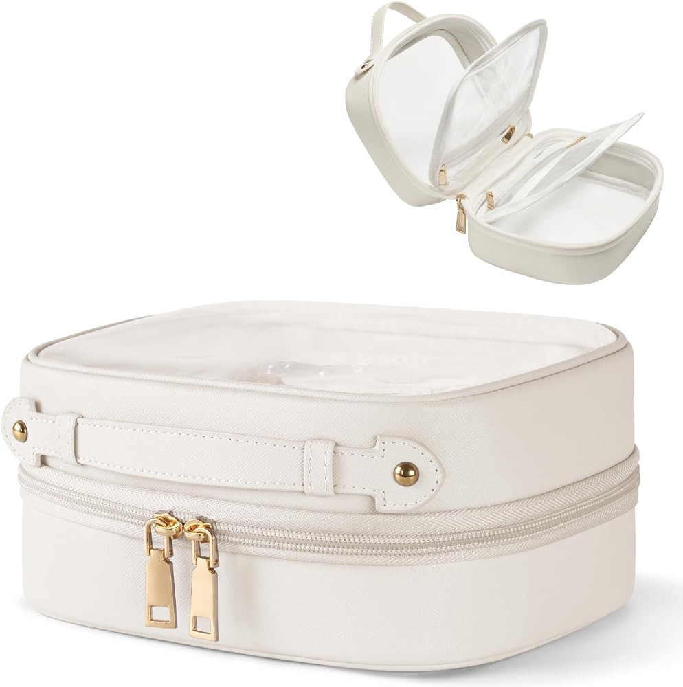 Clear Cosmetic Bag Double Layer Travel Toiletry Bag Clear Makeup Bag Case with 4 Compartments, Tr... | Amazon (US)