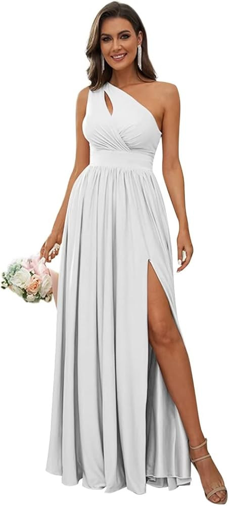 VCCICANY Women's One Shoulder Bridesmaid Dress with Slit Long Pleated Chiffon Prom Gown | Amazon (US)