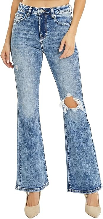 Risen Women's High Rise Distressed Flare Jeans | Amazon (US)