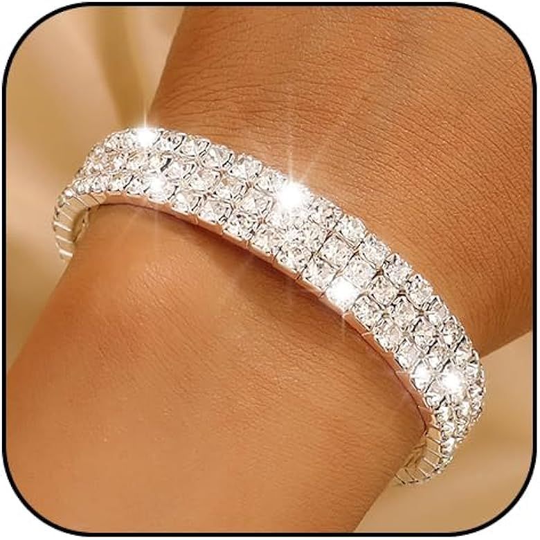 Sakytal Rhinestone Open Cuff Bracelets Crystal Tennis Bangle Bracelet Prom Party Wedding Bracelet... | Amazon (US)