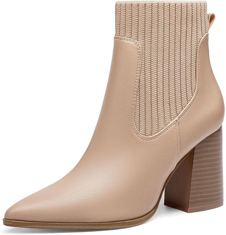 Coutgo Women Ankle Boots Sock Booties Pointed Toe Chunky Stacked High Heel Knit Chelsea Winter Dr... | Amazon (US)