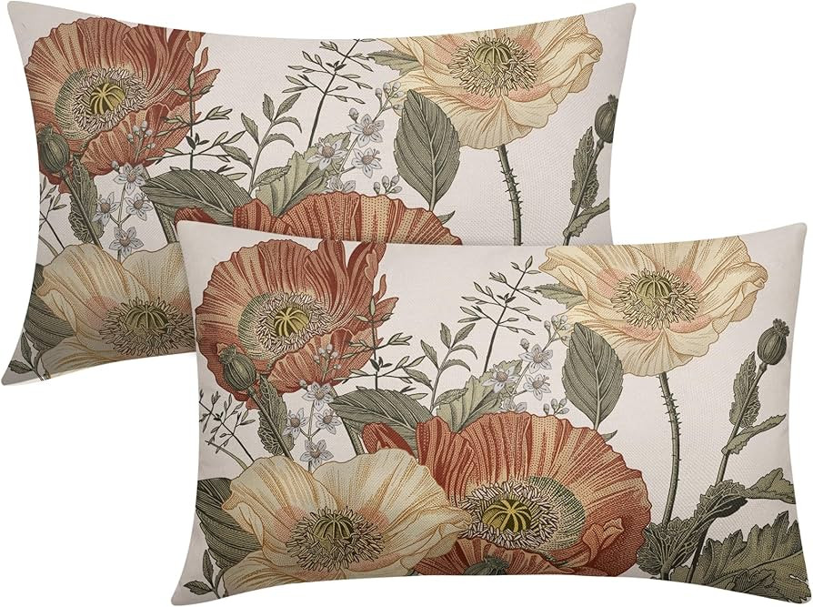 Amazon.com: Vintage Flowers Lumbar Pillow Covers 12x20 Inch Set of 2 Rust Orange Yellow Floral Le... | Amazon (US)