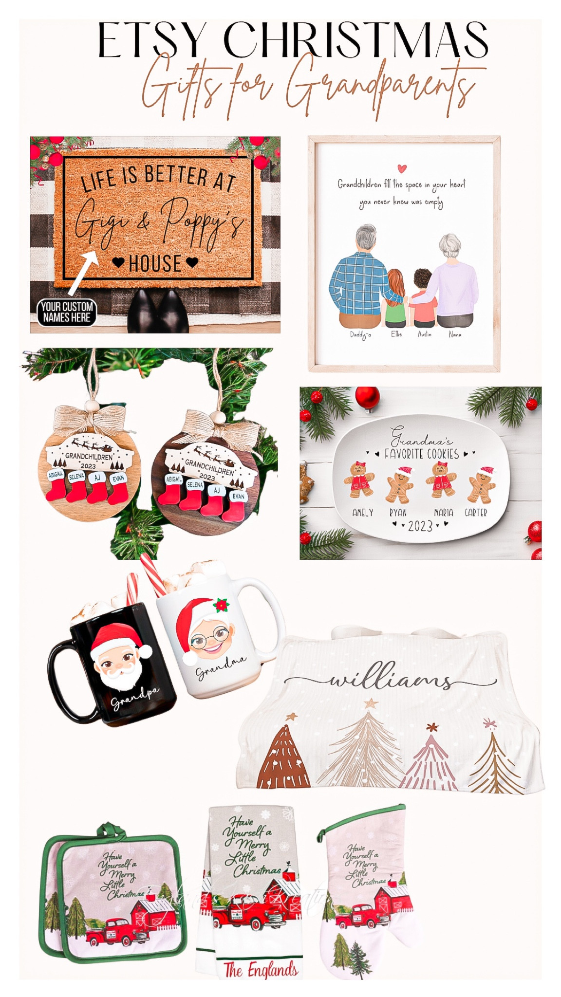 Etsy gift guide -
For Grandparents 🎁

Personalized gifts are always a good idea - Parents or Grandparents are so appreciative of these heart felt gifts 🎁 

Gifts for her, gifts for family, gifts for parents, gifts for grandparents , doormat, personalized gifts, family portrait , Christmas ornament , cookie tray, holiday mug, personalized blanket , charcuterie tray,  legacy book, oven mit, robe, puzzle , create your own 

#LTKfindsunder100 #LTKGiftGuide #LTKHoliday