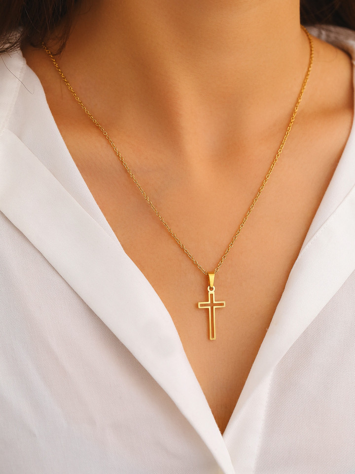 Stainless Steel Necklace For Women Lover's Gold And Rose Gold Color Chain Cross Necklace Small Cr... | SHEIN