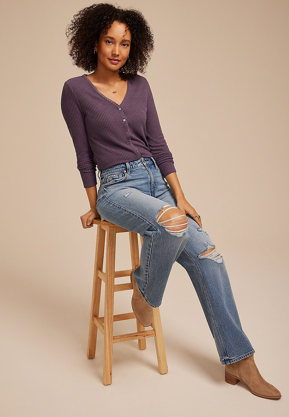 Ribbed Lace Trim Button Front Top | Maurices