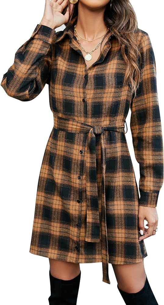 Blooming Jelly Women's Flannel Shirts Dress Plaid Shacket Button Down Long Sleeve Midi Dress | Amazon (US)
